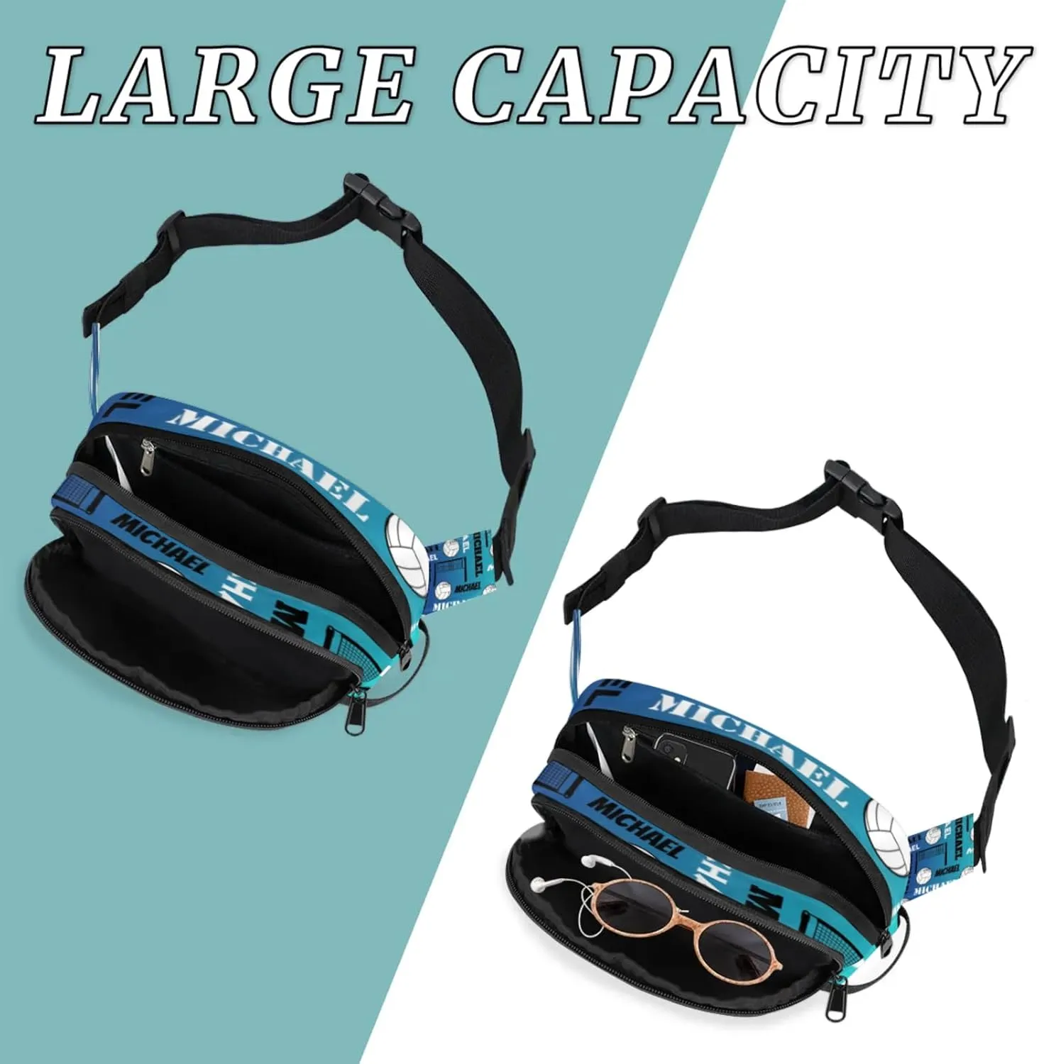Custom Volleyball Waist Packs for Women Men, Personalized Name Fanny Pack Crossbody Belt Bag with Adjustable Strap for Sports Workout Traveling, Blue