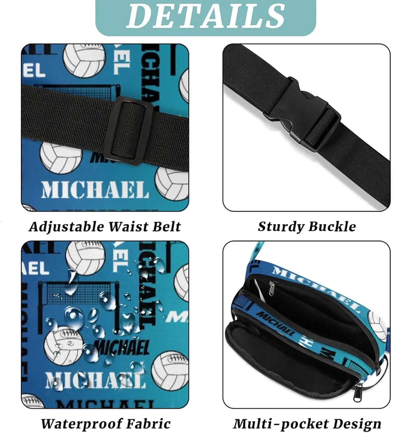 Custom Volleyball Waist Packs for Women Men, Personalized Name Fanny Pack Crossbody Belt Bag with Adjustable Strap for Sports Workout Traveling, Blue