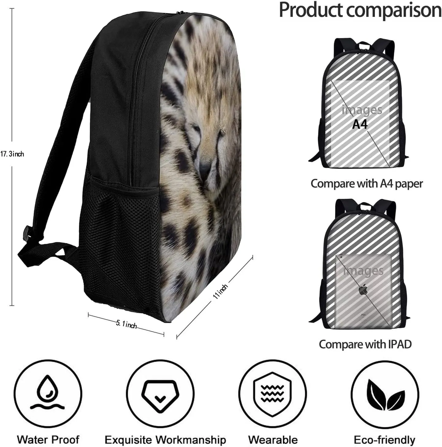 Cute Baby Cheetah Leopard Backpack,Lightweight School College Bookbag Casual Student Travel Laptop Daypack - 17inch