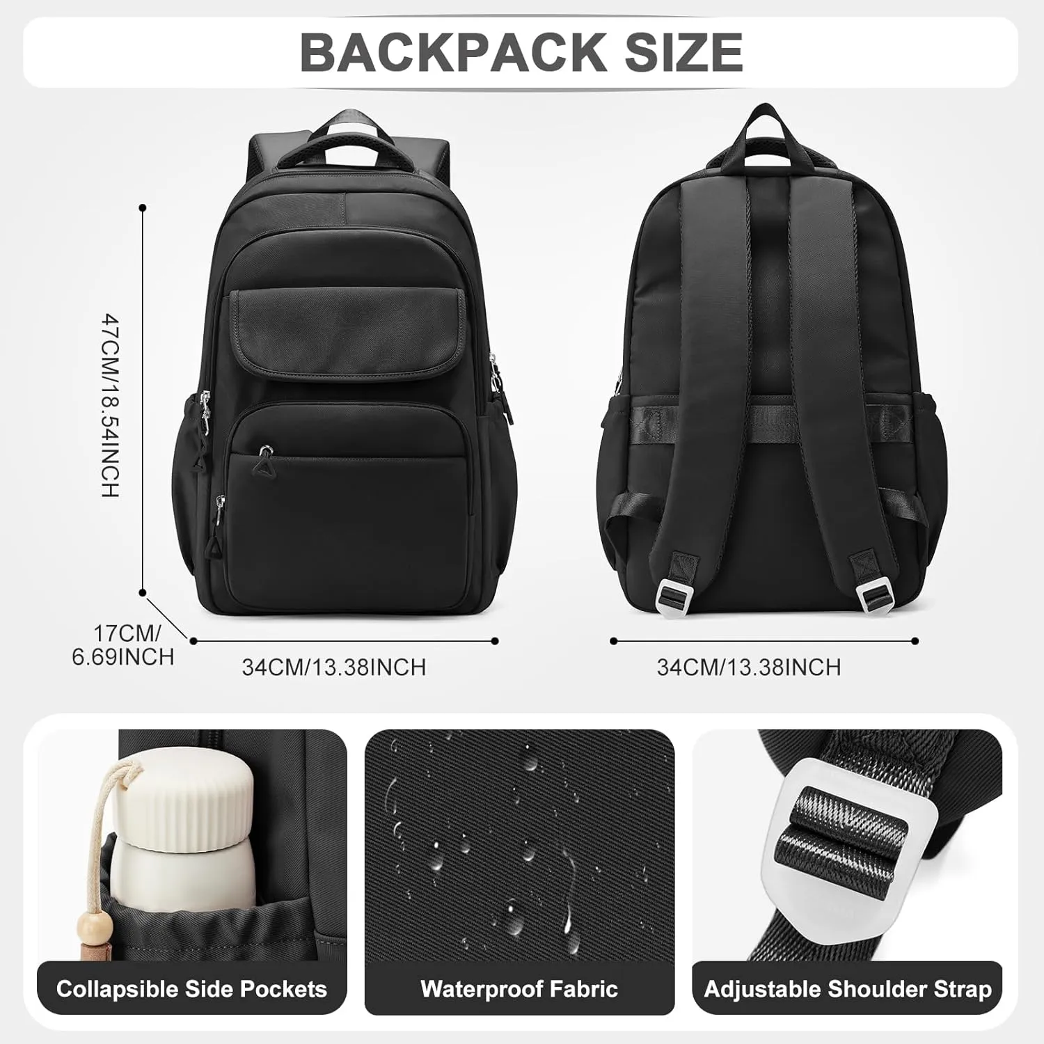 Cute Black School Backpack for Teens Girls Boys Waterproof School Bag Basic Backpack for College Students Multi Pocket Backpack Lightweight Casual Daypack Backpacks for Women Men