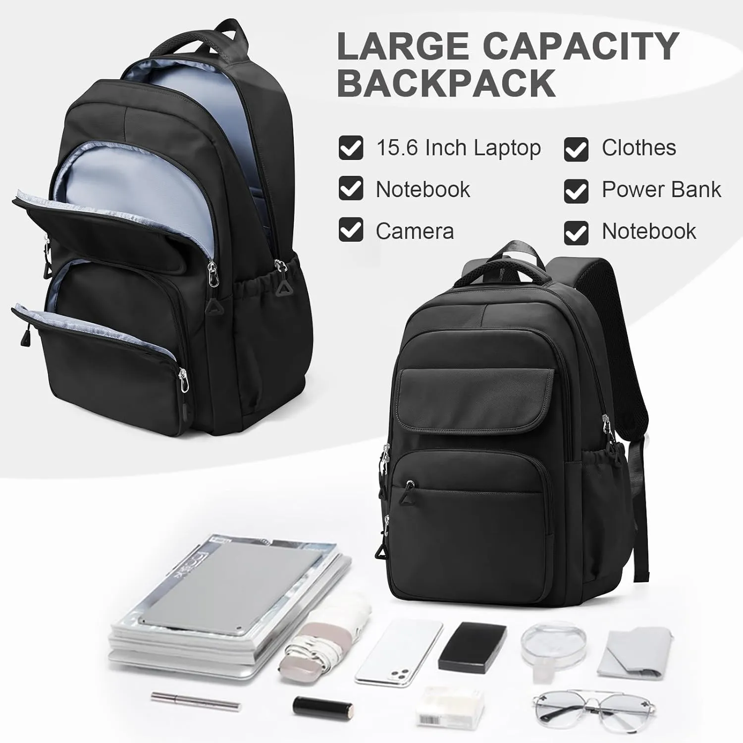 Cute Black School Backpack for Teens Girls Boys Waterproof School Bag Basic Backpack for College Students Multi Pocket Backpack Lightweight Casual Daypack Backpacks for Women Men
