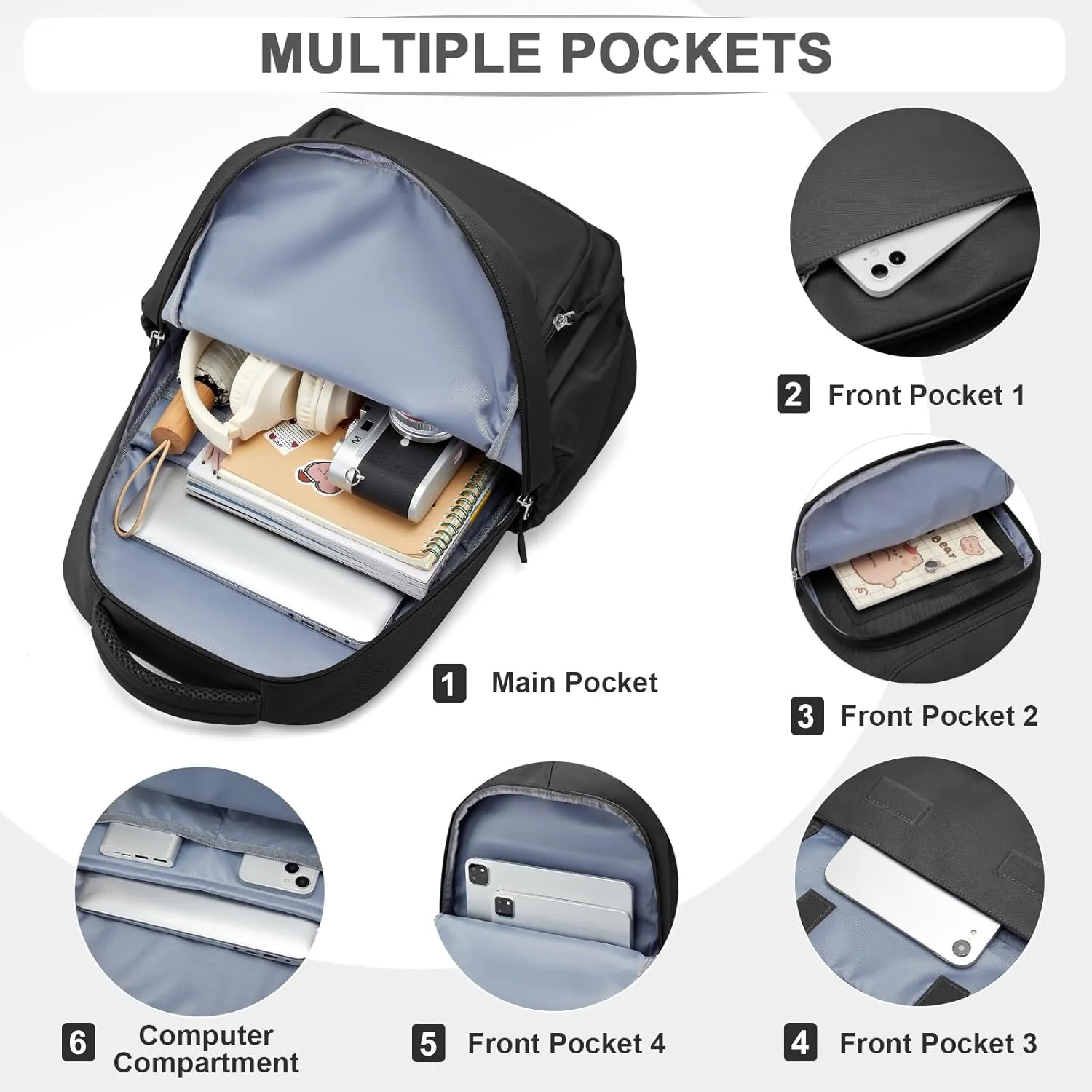 Cute Black School Backpack for Teens Girls Boys Waterproof School Bag Basic Backpack for College Students Multi Pocket Backpack Lightweight Casual Daypack Backpacks for Women Men