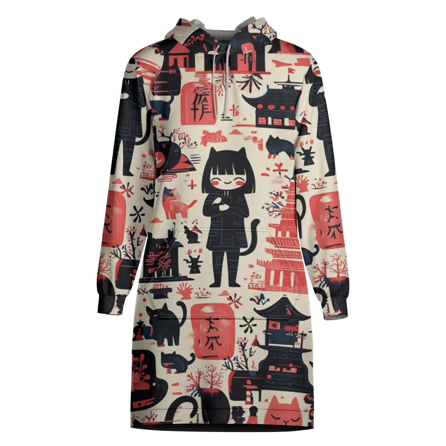 Cute Cat Girl Japanese Pop Art 3D Hoodie Dress – Anime Manga Streetwear, Kawaii Cartoon Style, Harajuku Aesthetic, Gift for Anime Lovers (Small)