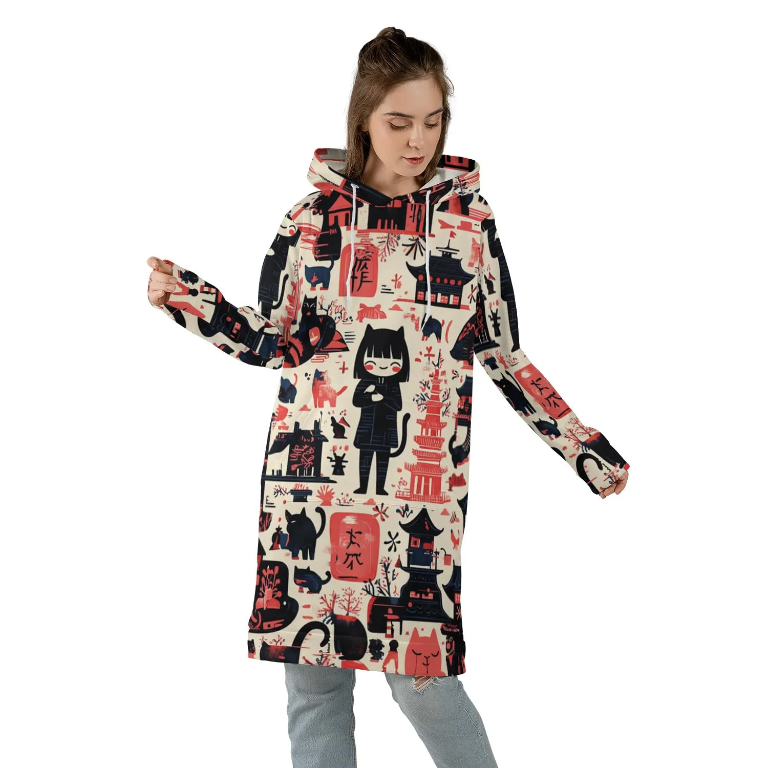Cute Cat Girl Japanese Pop Art 3D Hoodie Dress – Anime Manga Streetwear, Kawaii Cartoon Style, Harajuku Aesthetic, Gift for Anime Lovers (Small)