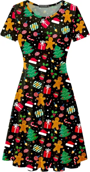 Deerose Christmas Short Sleeve Dresses Women Xmas Elastic Waist Midi Dresses Casual Tunic Dress