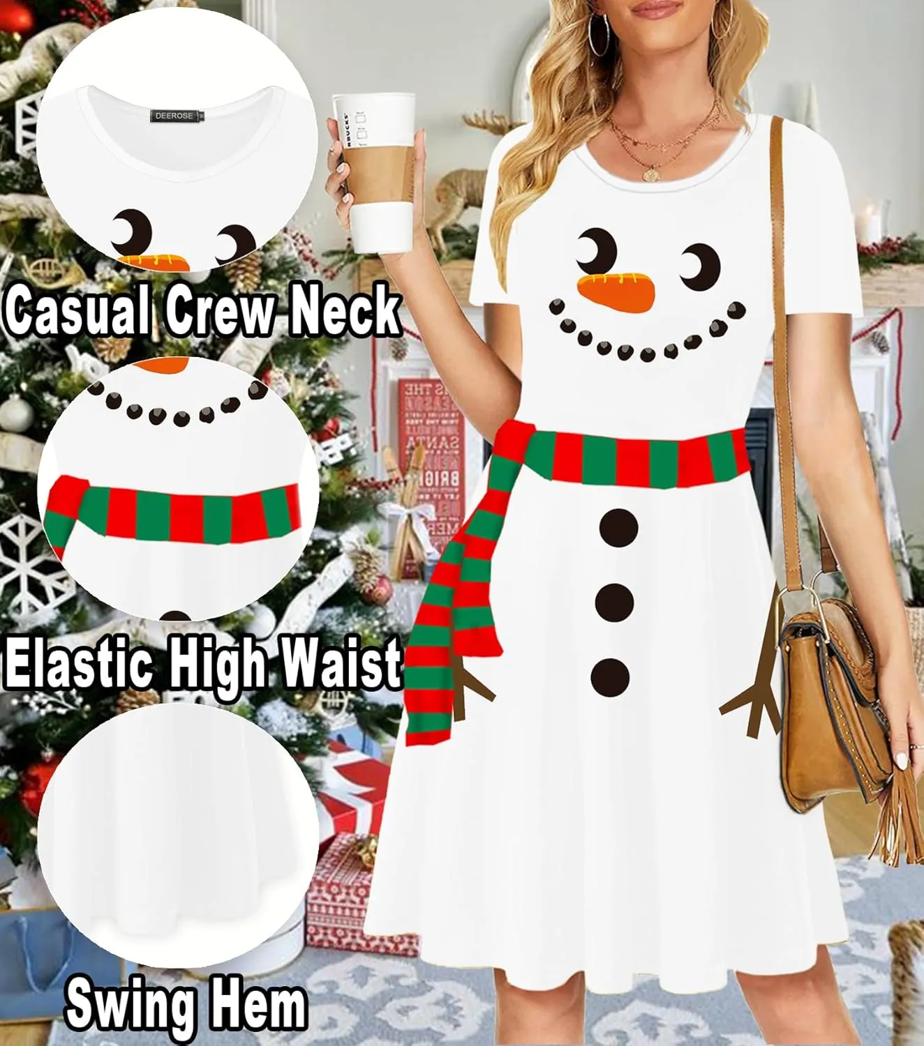 Deerose Christmas Short Sleeve Dresses Women Xmas Elastic Waist Midi Dresses Casual Tunic Dress