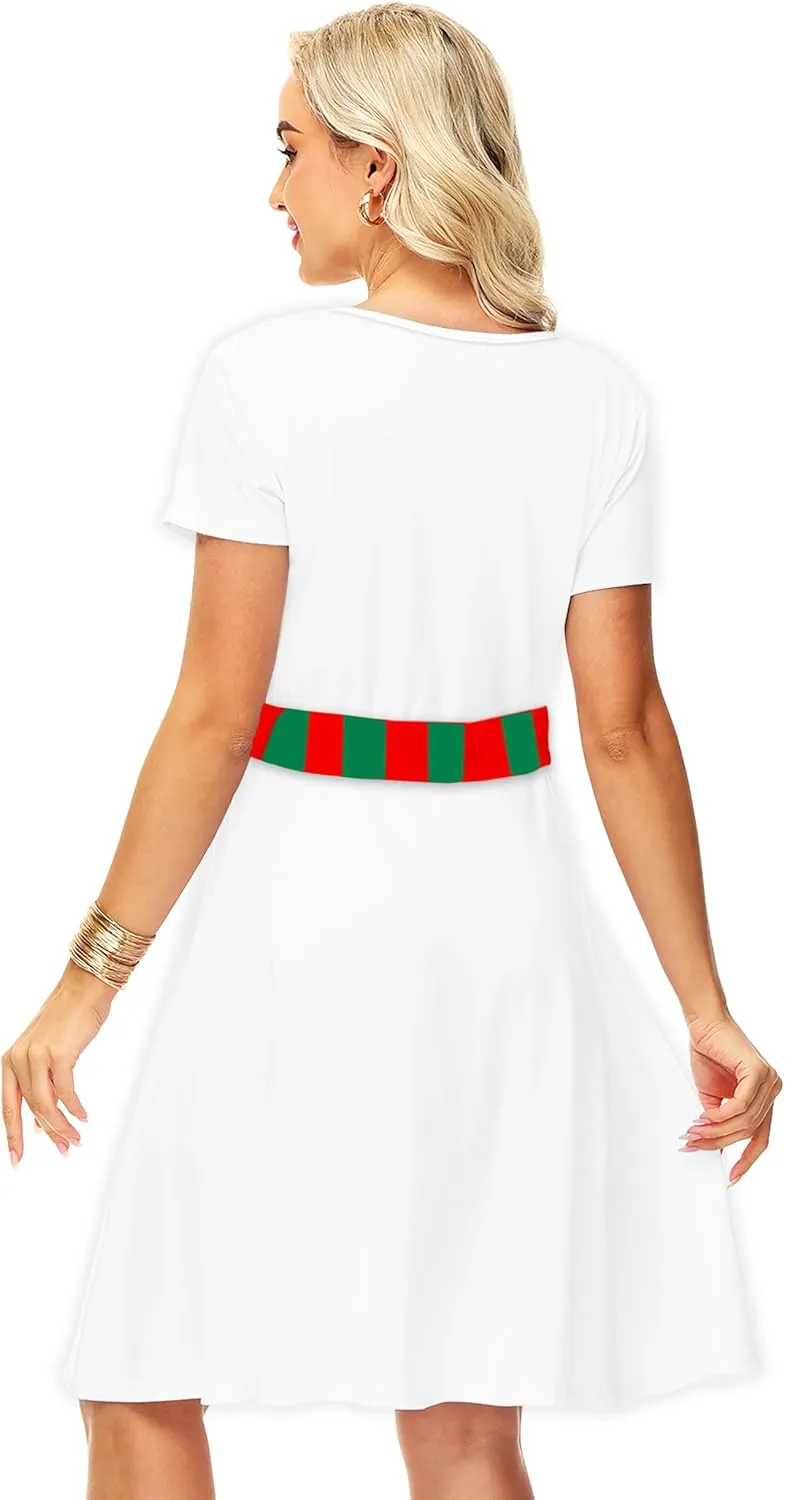 Deerose Christmas Short Sleeve Dresses Women Xmas Elastic Waist Midi Dresses Casual Tunic Dress