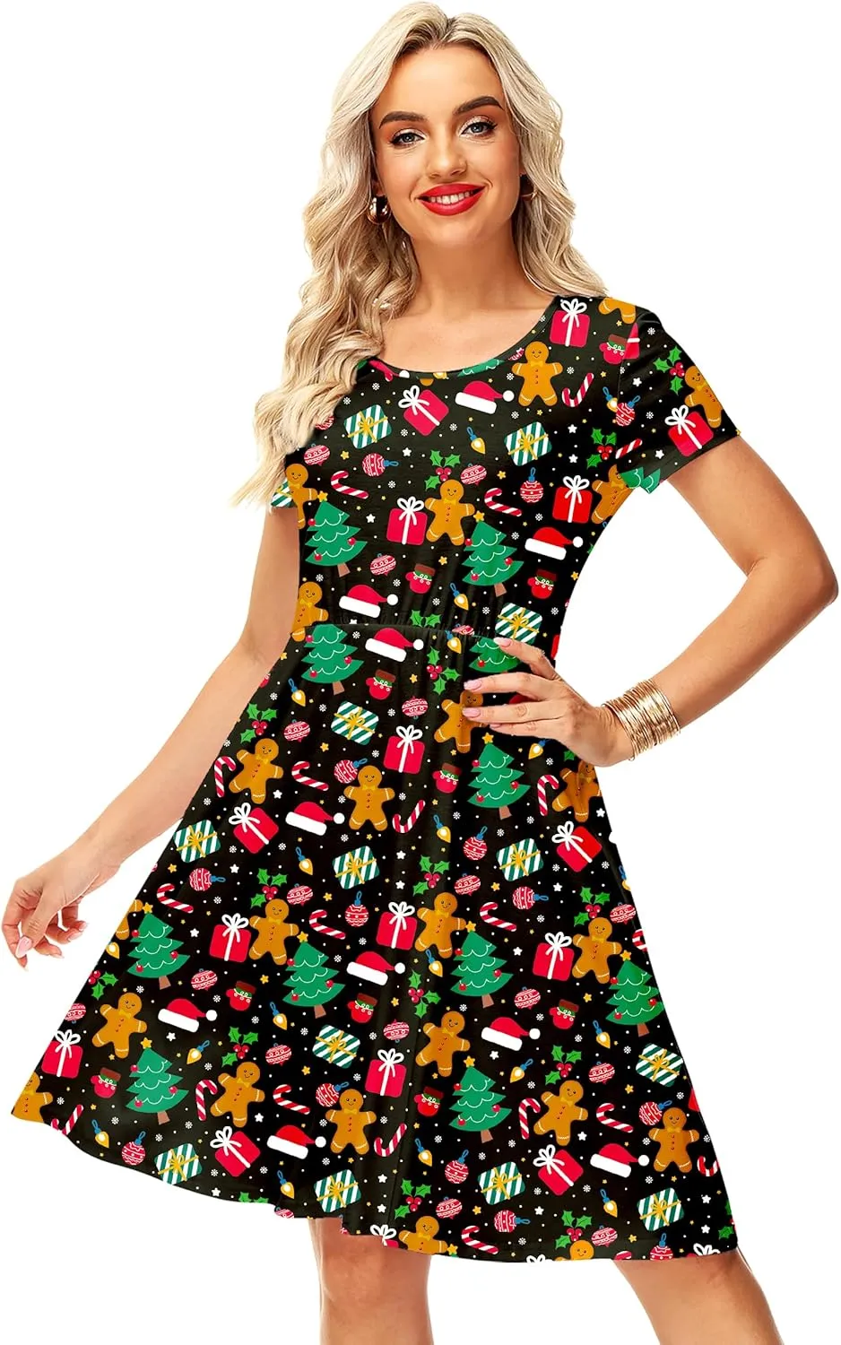 Deerose Christmas Short Sleeve Dresses Women Xmas Elastic Waist Midi Dresses Casual Tunic Dress