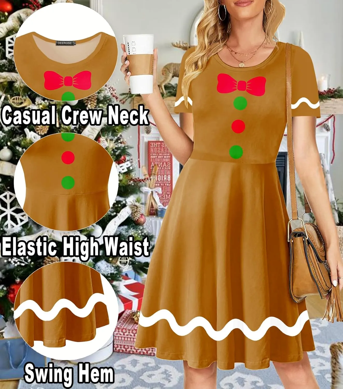 Deerose Christmas Short Sleeve Dresses Women Xmas Elastic Waist Midi Dresses Casual Tunic Dress