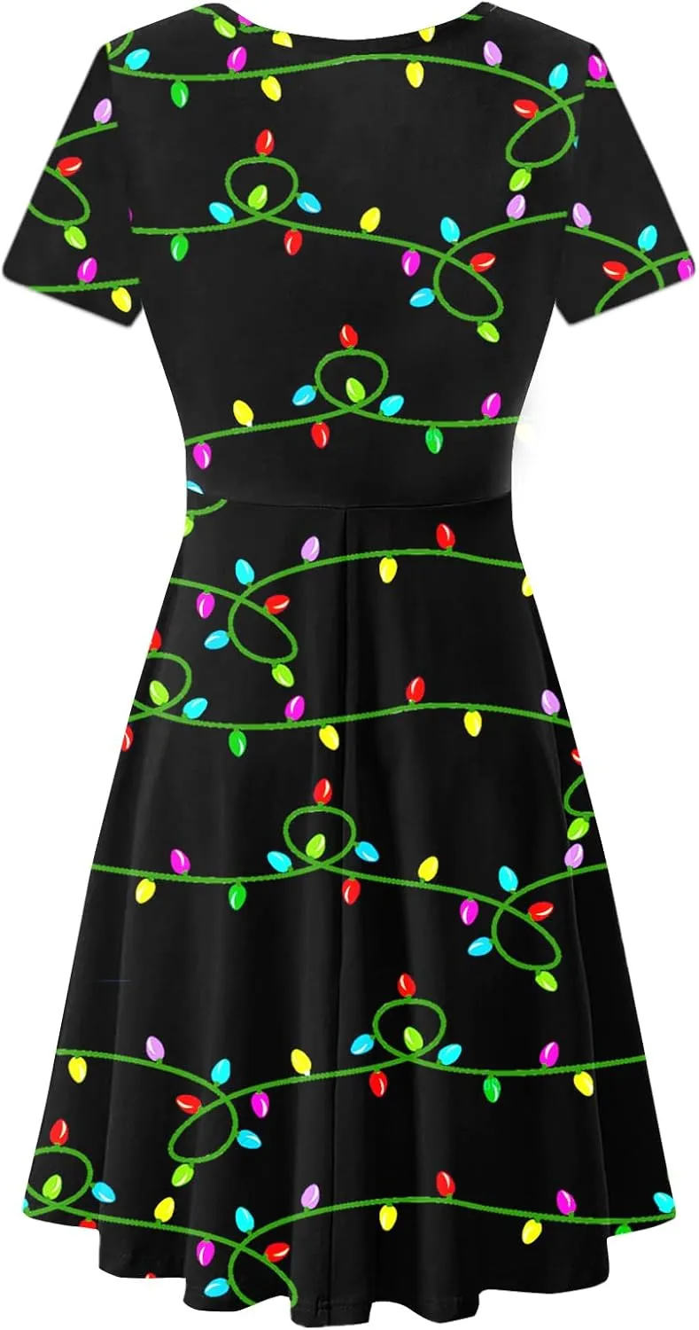 Deerose Christmas Short Sleeve Dresses Women Xmas Elastic Waist Midi Dresses Casual Tunic Dress