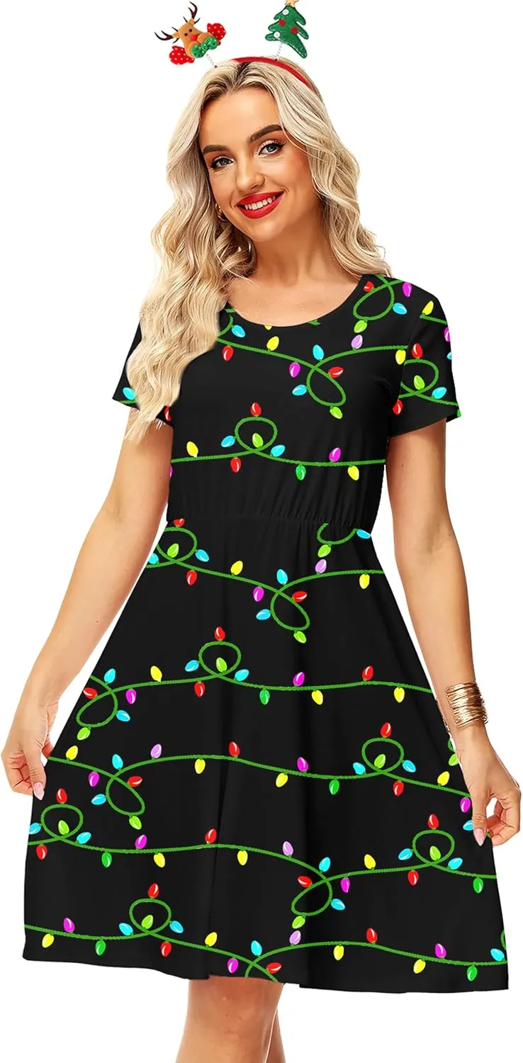 Deerose Christmas Short Sleeve Dresses Women Xmas Elastic Waist Midi Dresses Casual Tunic Dress