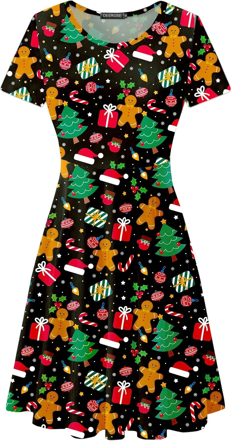 Deerose Christmas Short Sleeve Dresses Women Xmas Elastic Waist Midi Dresses Casual Tunic Dress