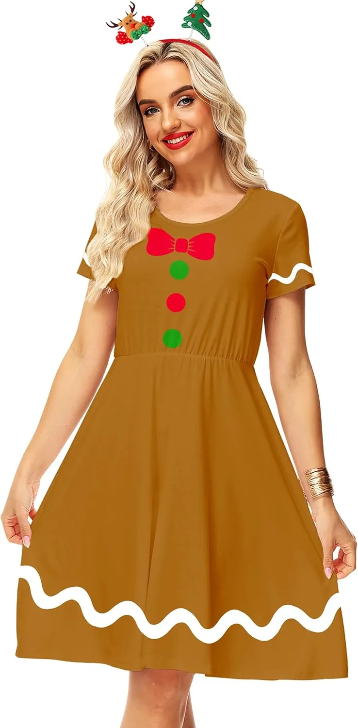 Deerose Christmas Short Sleeve Dresses Women Xmas Elastic Waist Midi Dresses Casual Tunic Dress