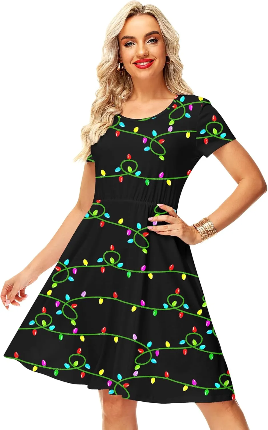 Deerose Christmas Short Sleeve Dresses Women Xmas Elastic Waist Midi Dresses Casual Tunic Dress