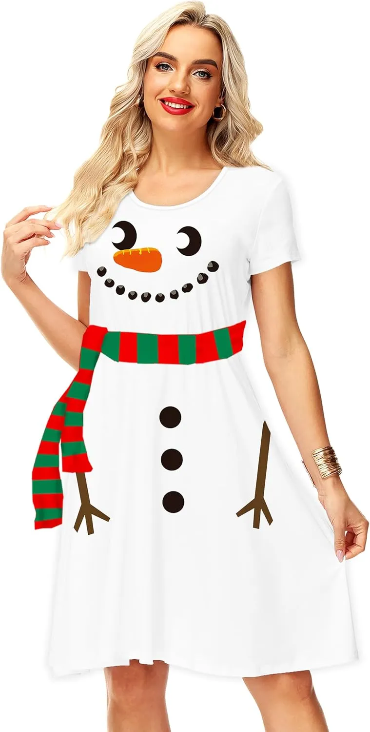 Deerose Christmas Short Sleeve Dresses Women Xmas Elastic Waist Midi Dresses Casual Tunic Dress