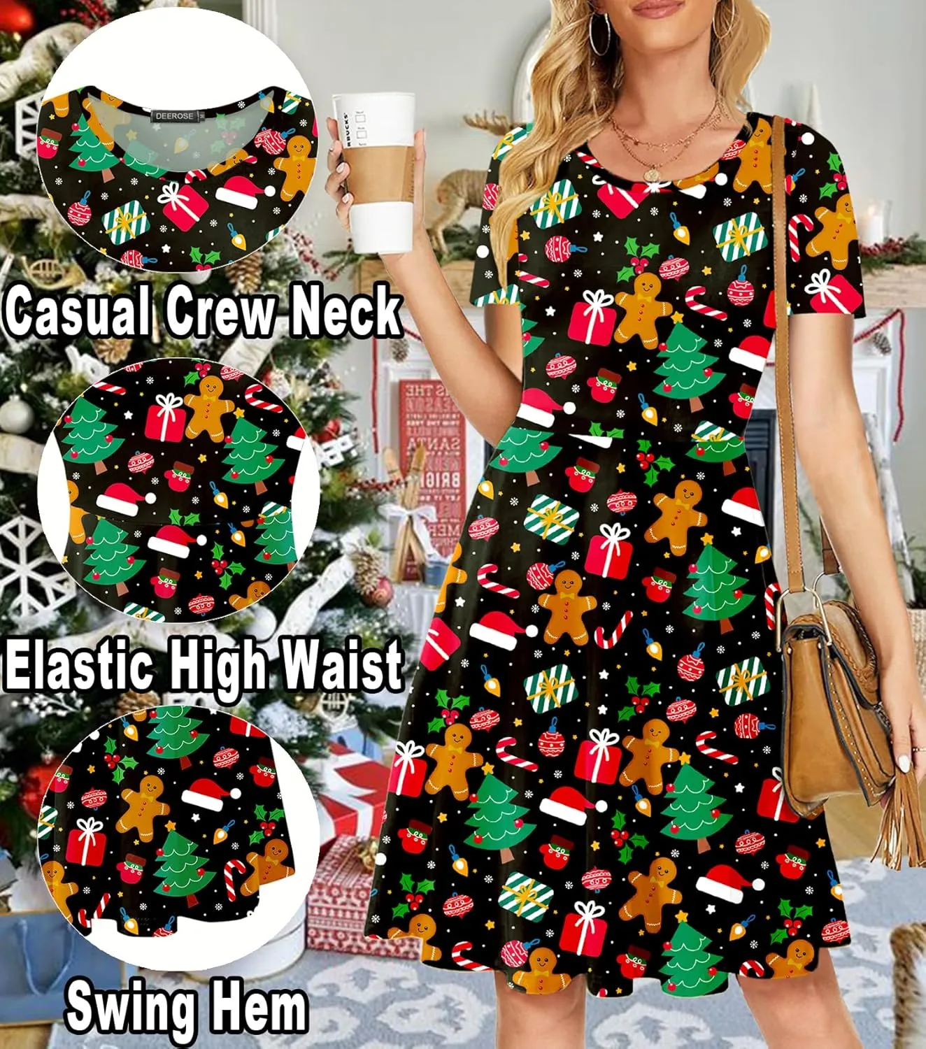 Deerose Christmas Short Sleeve Dresses Women Xmas Elastic Waist Midi Dresses Casual Tunic Dress