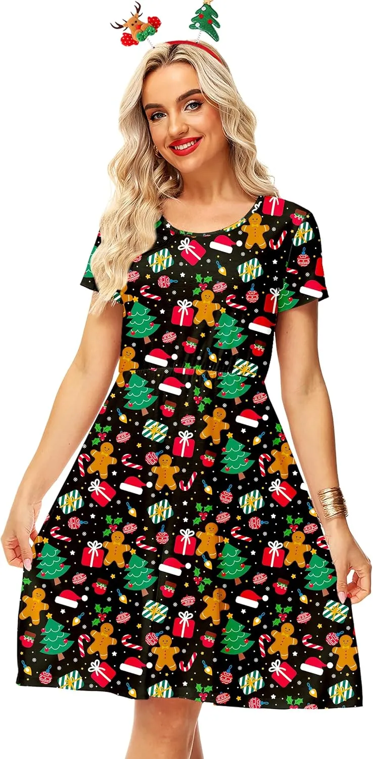 Deerose Christmas Short Sleeve Dresses Women Xmas Elastic Waist Midi Dresses Casual Tunic Dress