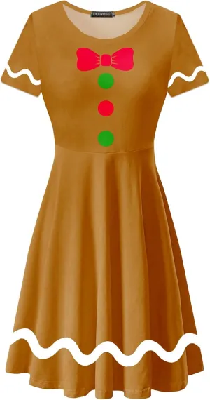 Deerose Christmas Short Sleeve Dresses Women Xmas Elastic Waist Midi Dresses Casual Tunic Dress