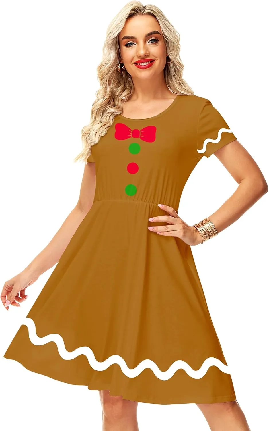 Deerose Christmas Short Sleeve Dresses Women Xmas Elastic Waist Midi Dresses Casual Tunic Dress