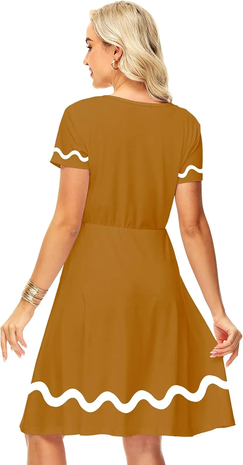 Deerose Christmas Short Sleeve Dresses Women Xmas Elastic Waist Midi Dresses Casual Tunic Dress