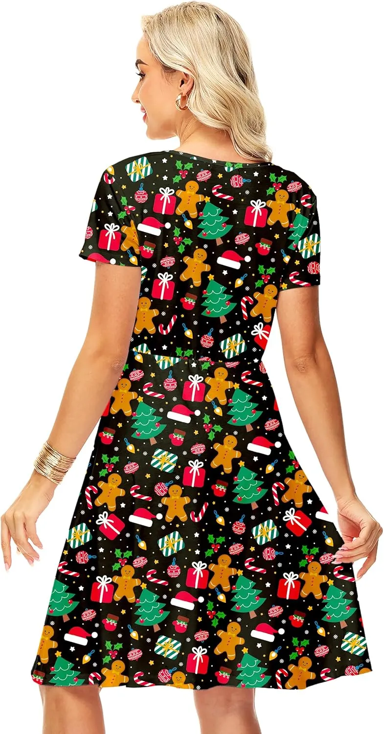 Deerose Christmas Short Sleeve Dresses Women Xmas Elastic Waist Midi Dresses Casual Tunic Dress