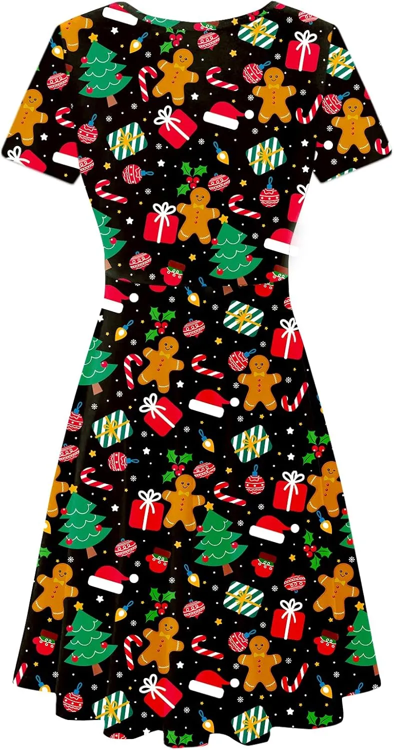 Deerose Christmas Short Sleeve Dresses Women Xmas Elastic Waist Midi Dresses Casual Tunic Dress