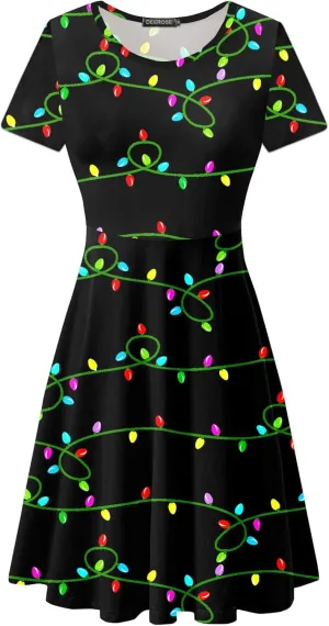 Deerose Christmas Short Sleeve Dresses Women Xmas Elastic Waist Midi Dresses Casual Tunic Dress