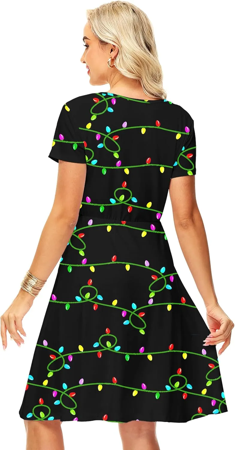 Deerose Christmas Short Sleeve Dresses Women Xmas Elastic Waist Midi Dresses Casual Tunic Dress