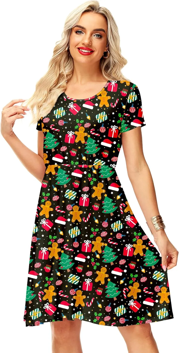 Deerose Christmas Short Sleeve Dresses Women Xmas Elastic Waist Midi Dresses Casual Tunic Dress