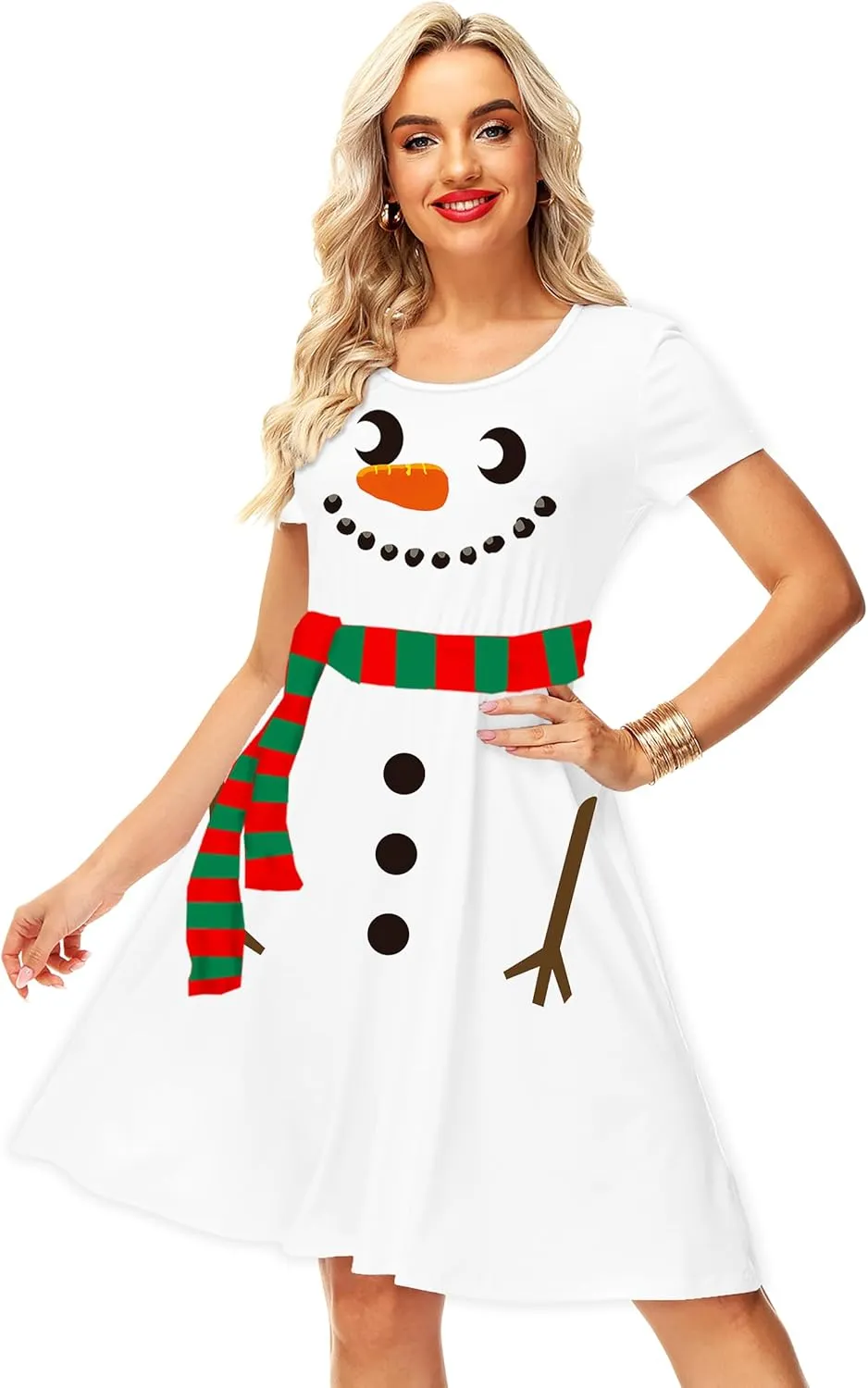 Deerose Christmas Short Sleeve Dresses Women Xmas Elastic Waist Midi Dresses Casual Tunic Dress