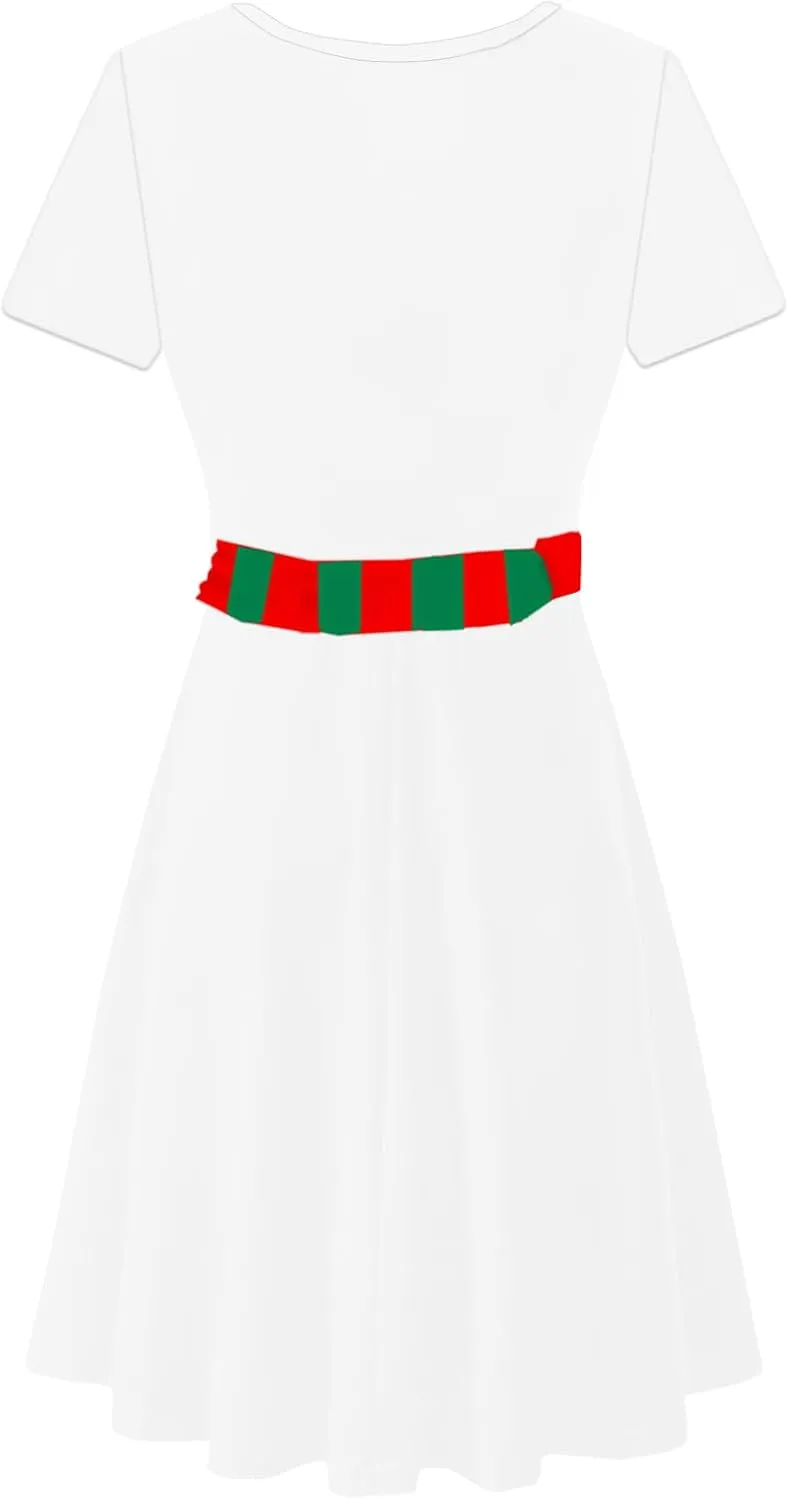 Deerose Christmas Short Sleeve Dresses Women Xmas Elastic Waist Midi Dresses Casual Tunic Dress