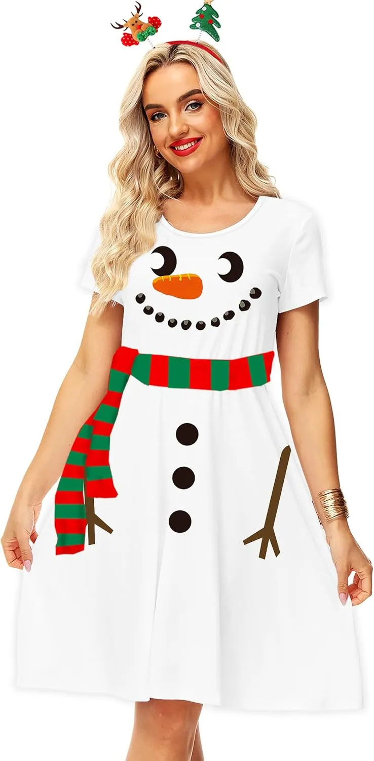 Deerose Christmas Short Sleeve Dresses Women Xmas Elastic Waist Midi Dresses Casual Tunic Dress