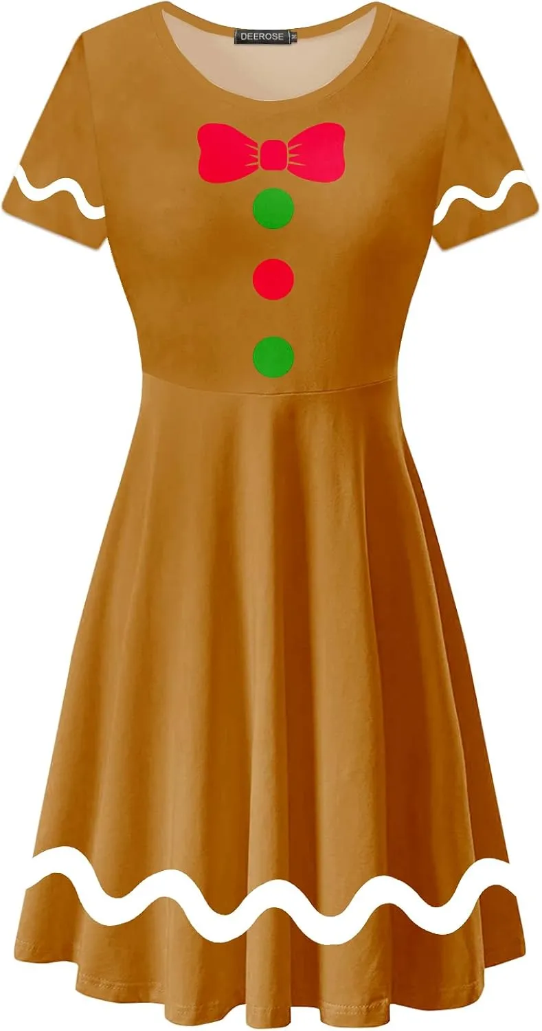 Deerose Christmas Short Sleeve Dresses Women Xmas Elastic Waist Midi Dresses Casual Tunic Dress