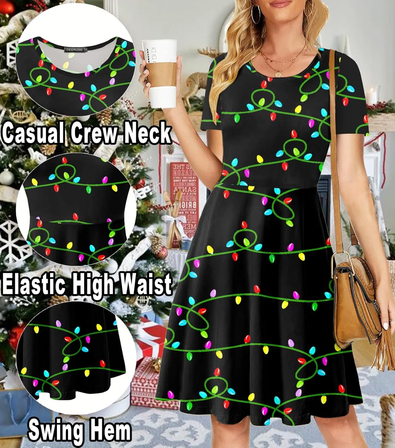 Deerose Christmas Short Sleeve Dresses Women Xmas Elastic Waist Midi Dresses Casual Tunic Dress