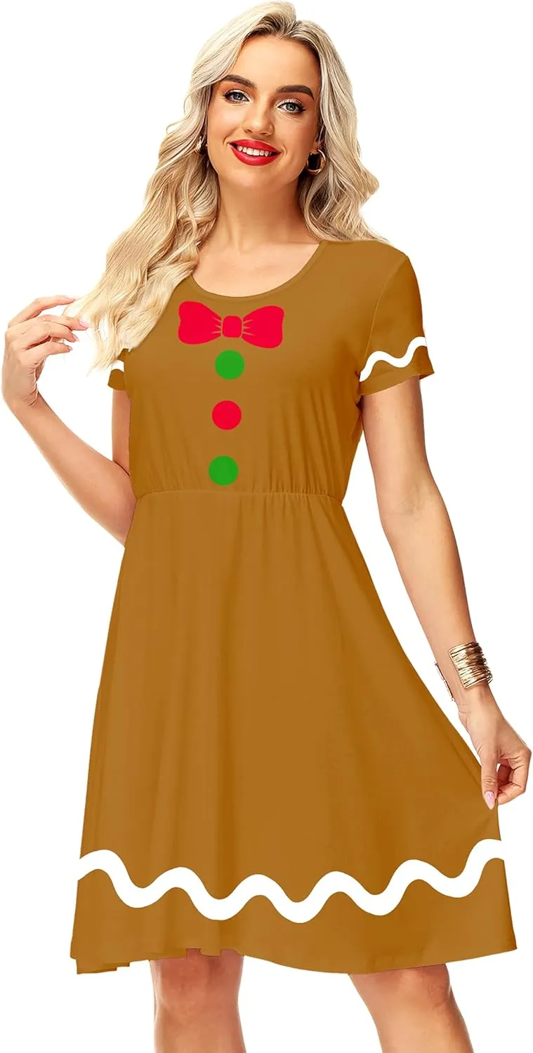 Deerose Christmas Short Sleeve Dresses Women Xmas Elastic Waist Midi Dresses Casual Tunic Dress