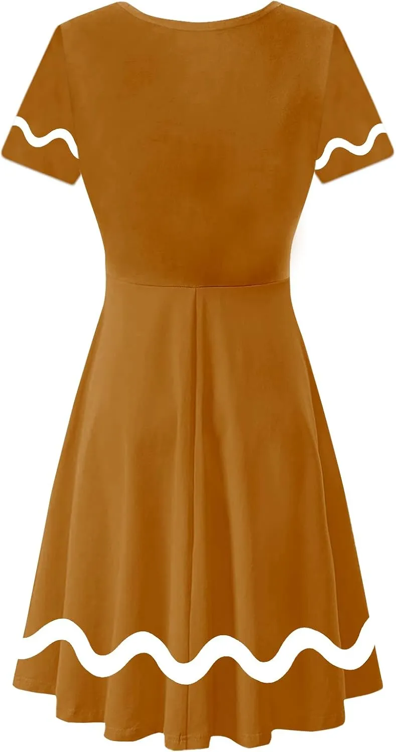 Deerose Christmas Short Sleeve Dresses Women Xmas Elastic Waist Midi Dresses Casual Tunic Dress