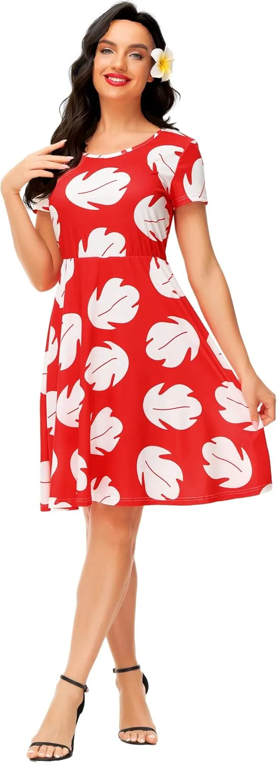 Deerose Hawaiian Flared Dresses Women Tropical Summer Short Sleeve Dresses Casual Tunic Dress