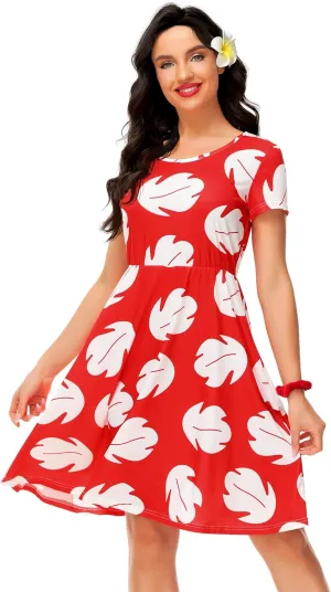 Deerose Hawaiian Flared Dresses Women Tropical Summer Short Sleeve Dresses Casual Tunic Dress