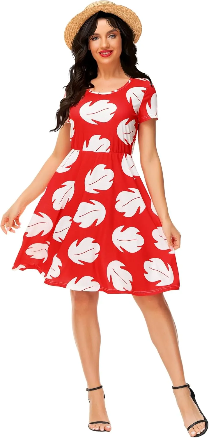 Deerose Hawaiian Flared Dresses Women Tropical Summer Short Sleeve Dresses Casual Tunic Dress
