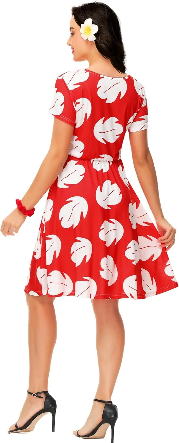 Deerose Hawaiian Flared Dresses Women Tropical Summer Short Sleeve Dresses Casual Tunic Dress