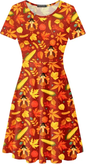 Deerose Hawaiian Flared Dresses Women Tropical Summer Short Sleeve Dresses Casual Tunic Dress