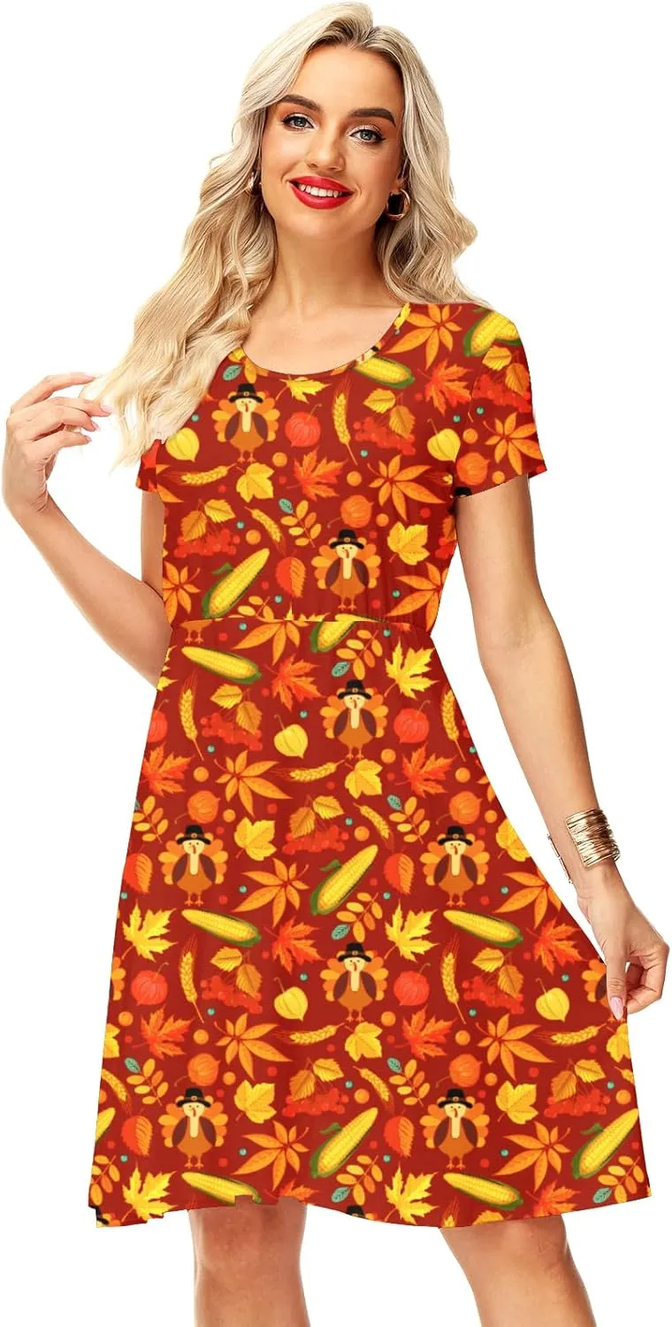 Deerose Hawaiian Flared Dresses Women Tropical Summer Short Sleeve Dresses Casual Tunic Dress