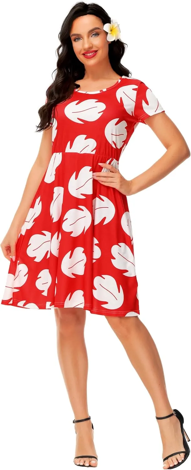 Deerose Hawaiian Flared Dresses Women Tropical Summer Short Sleeve Dresses Casual Tunic Dress