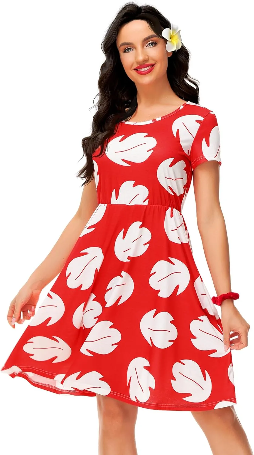 Deerose Hawaiian Flared Dresses Women Tropical Summer Short Sleeve Dresses Casual Tunic Dress