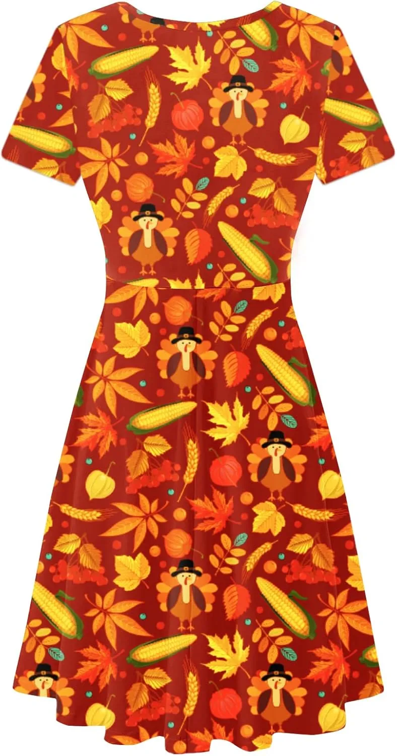 Deerose Hawaiian Flared Dresses Women Tropical Summer Short Sleeve Dresses Casual Tunic Dress