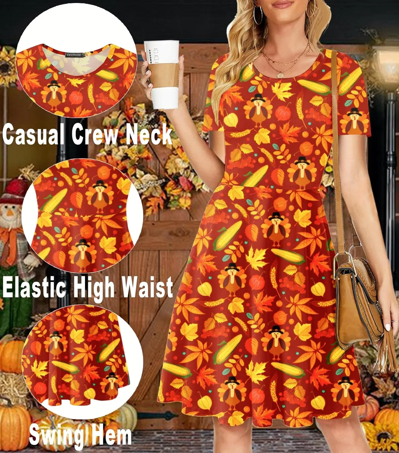 Deerose Hawaiian Flared Dresses Women Tropical Summer Short Sleeve Dresses Casual Tunic Dress