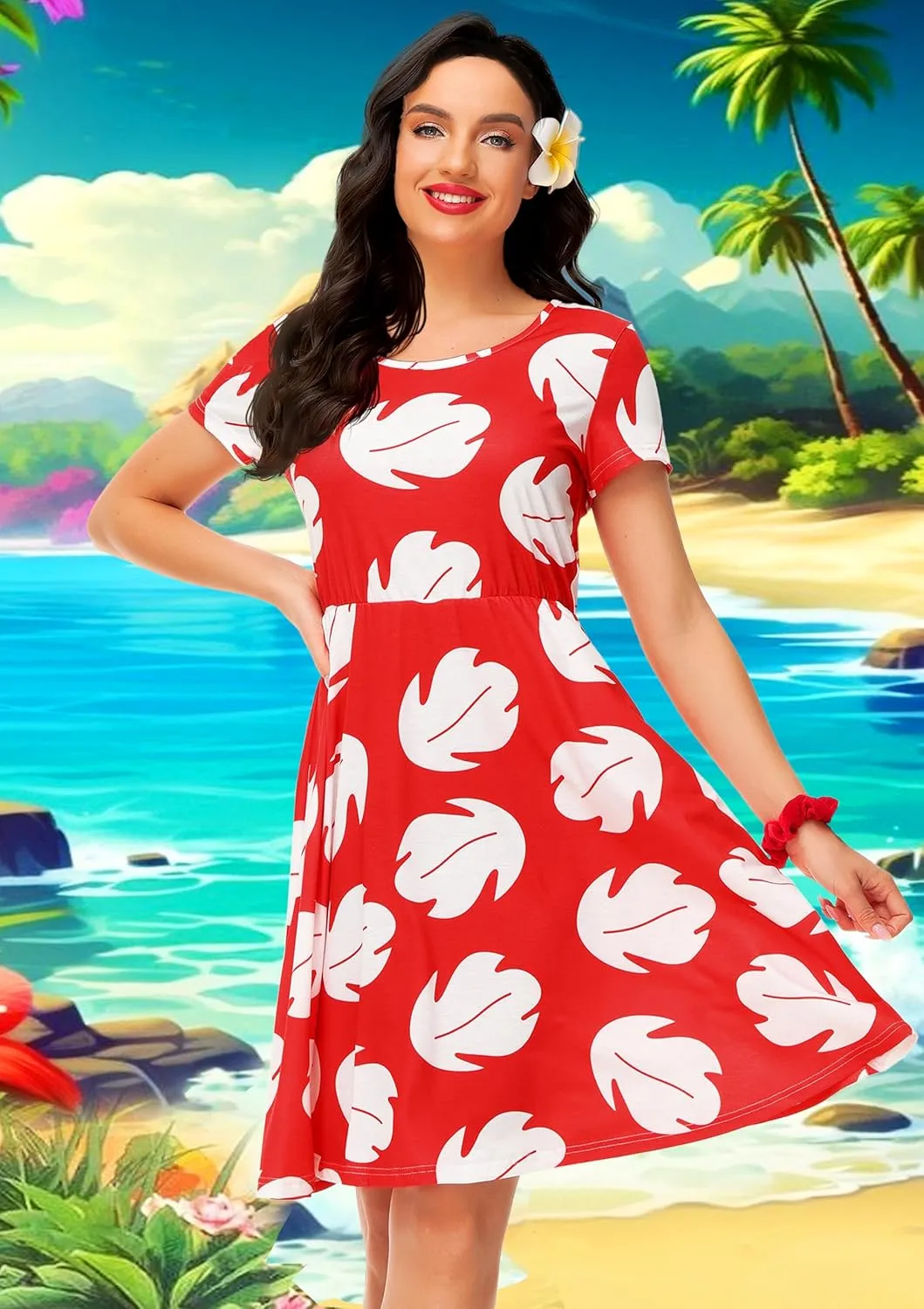 Deerose Hawaiian Flared Dresses Women Tropical Summer Short Sleeve Dresses Casual Tunic Dress