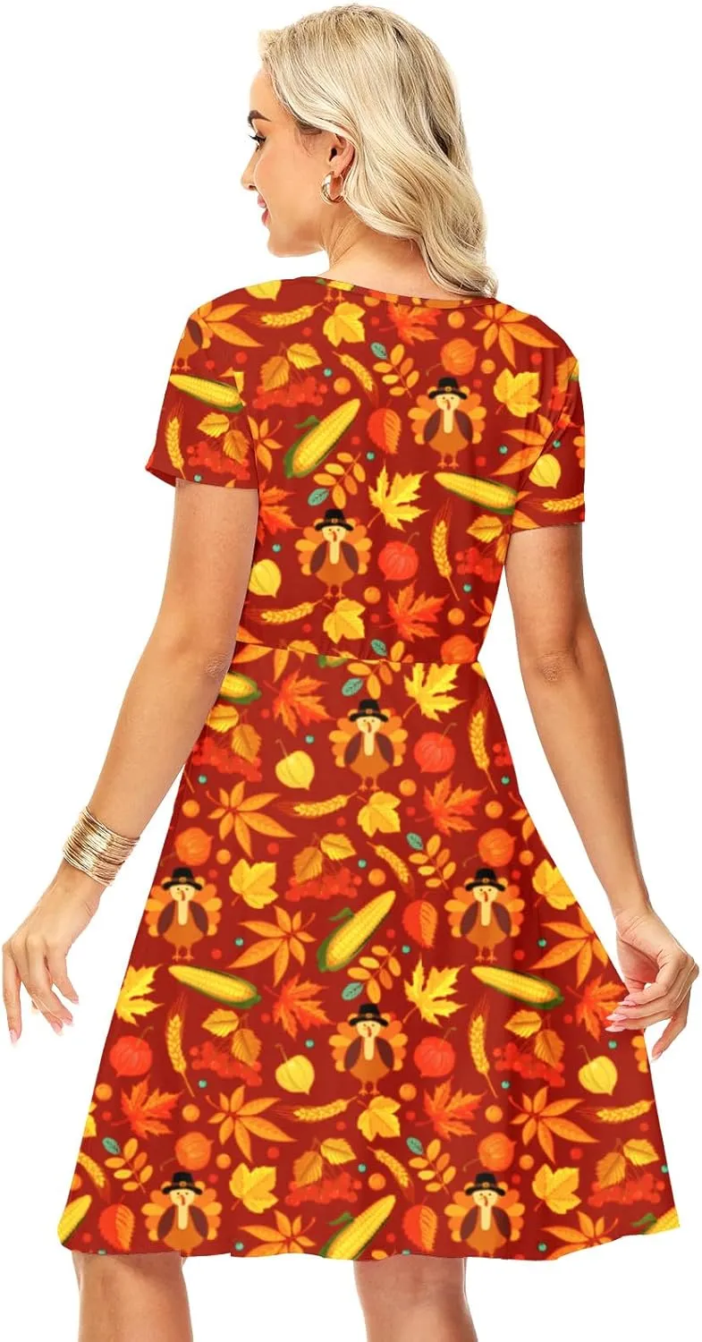 Deerose Hawaiian Flared Dresses Women Tropical Summer Short Sleeve Dresses Casual Tunic Dress