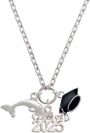 Delight Jewelry Silvertone Antiqued Dolphin - Class of 2025 Graduation Zoey Charm Necklace, 28"