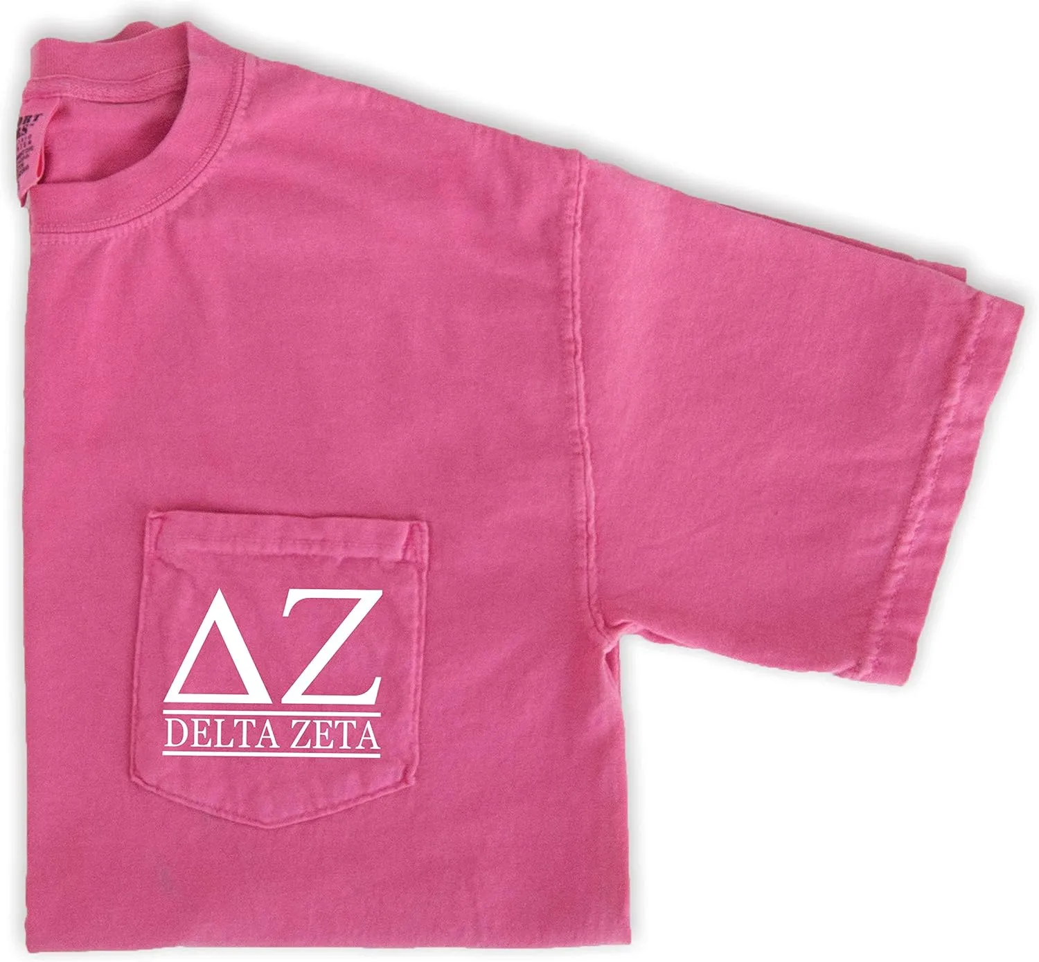 Delta Zeta Block Letters Shirt | Sorority Comfort Colors Pocket Tee (XL) Pink